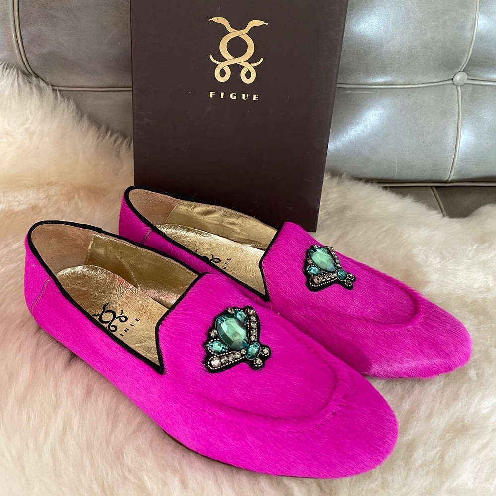 Figue Designer Footwear Shoes Loafer W 40 9 Fuschia Fur Made in Italy w/ Box
